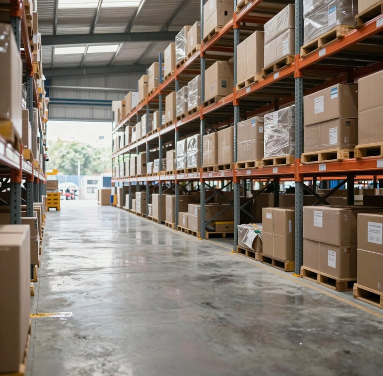 Wide environmental shot of a highly organized modern distribution hub in Indonesia, bright natural light reflecting off clean concrete floors, high-capacity racking systems visible in background.
