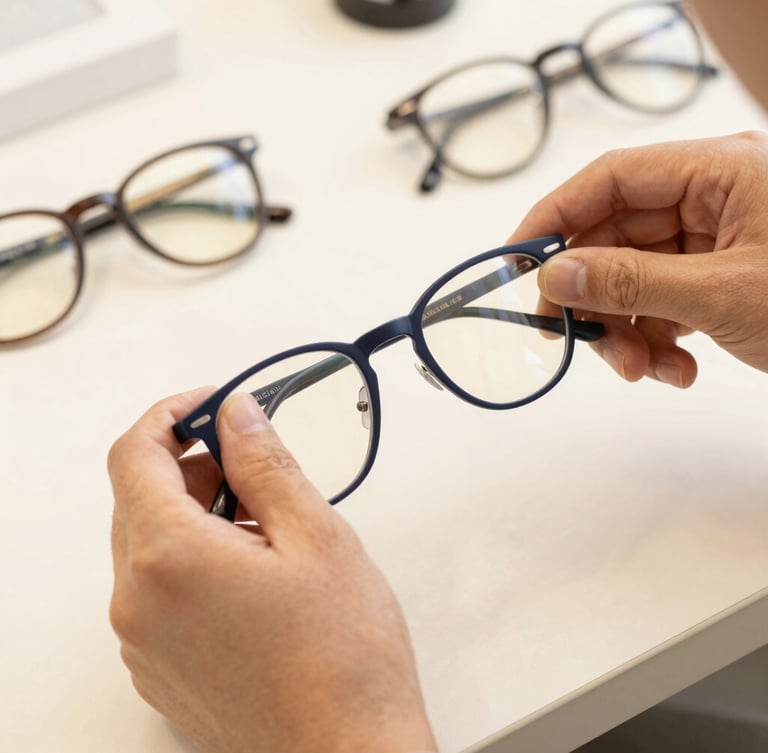 Close-up of an optician's hands carefully adjusting a premium dark blue glasses frame with specialized precision tools on a clean workshop table, warm lighting, shallow depth of field, bright editorial style