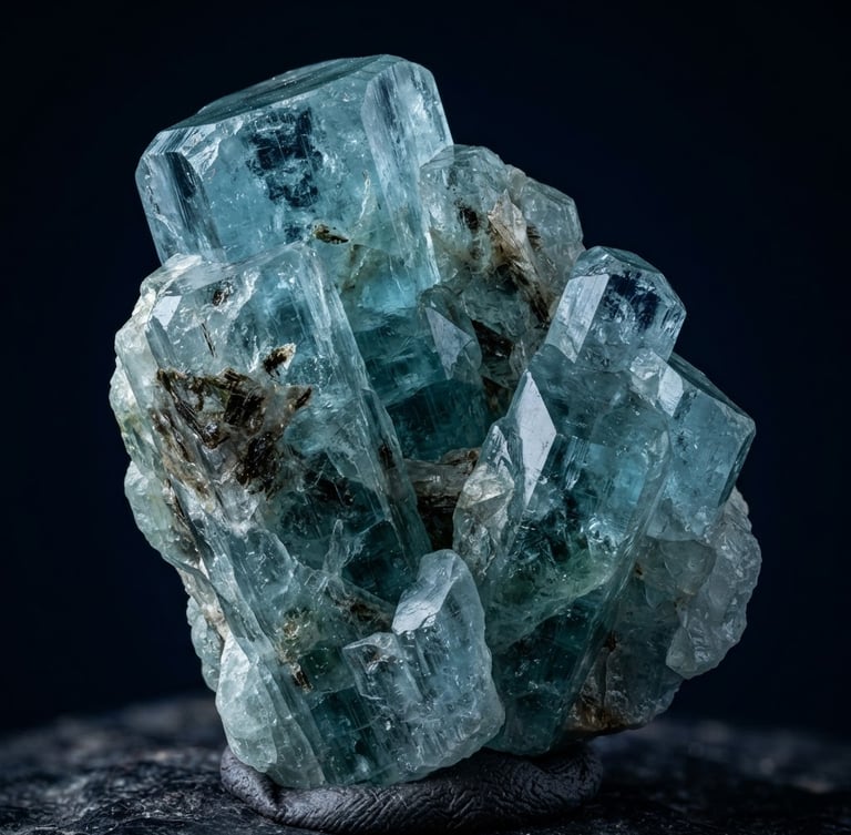 Macro studio photography of raw, unpolished aquamarine crystal specimen with sharp crystalline facets, deep navy background, sharp directional lighting, 105mm