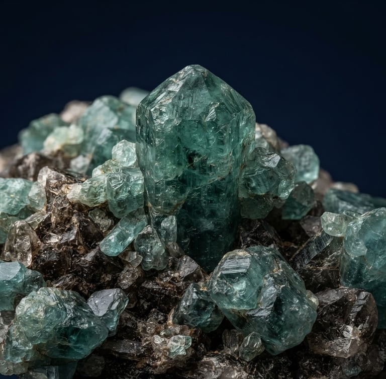 Macro studio photography of raw unpolished aquamarine crystals, sharp directional lighting, deep navy background, rich natural mineral textures, 105mm