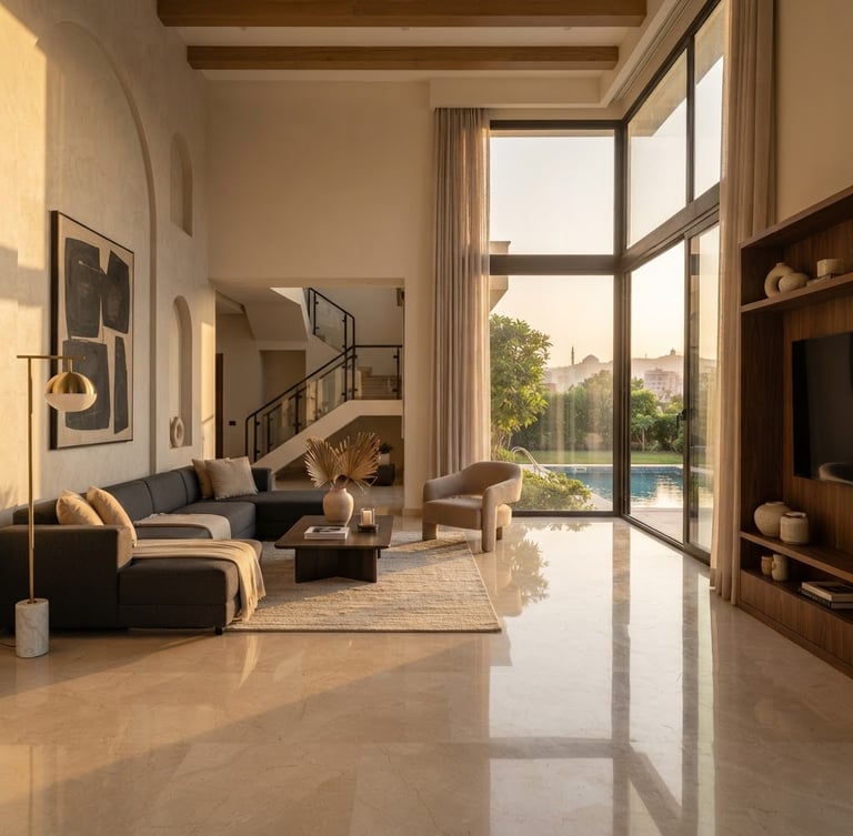 Wide-angle architectural photograph of a luxury Cairo villa living room, warm natural golden-hour window light reflecting on polished marble floor, minimalist furniture, 35mm lens.