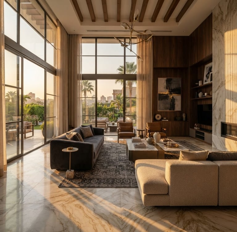Wide-angle architectural shot of a completed luxury Cairo villa living room, warm golden-hour window light casting long shadows on premium marble flooring and bespoke wood paneling, rich charcoal and beige tones, sharp focus, 35mm lens