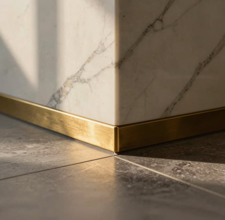 Close-up detail of a premium material junction, polished white Calacatta marble meeting a brushed brass inlay on a floor transition, sharp focus, architectural lighting.