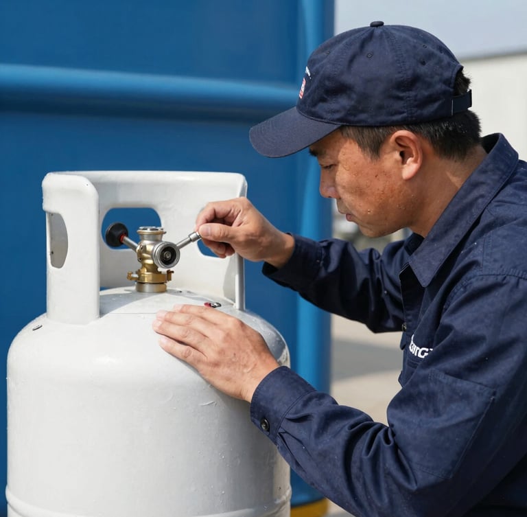 A certified technician in a clean navy uniform inspecting a white Amerigas propane tank under bright natural daylight, close-up, sharp focus