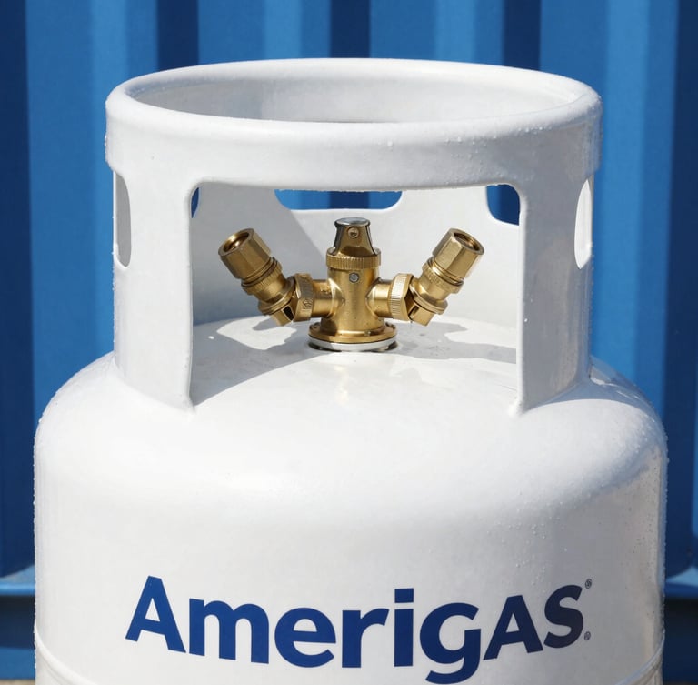 Crisp commercial photography of a clean white Amerigas propane tank with brass valves, bright natural daylight, sharp focus, 35mm