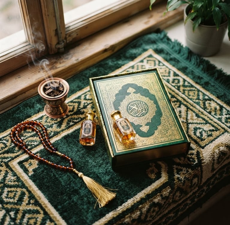 Overhead warm editorial photography of a curated Islamic gift set with a textured prayer rug, a small glass bottle of attar, and a closed Quran in a green and gold box, soft morning window light, 35mm