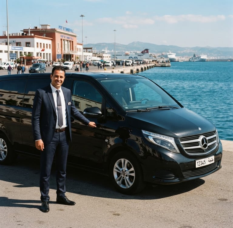 A professional Moroccan private driver in a dark suit standing next to a clean black Mercedes van parked at the Tangier port terminal, overlooking the blue Mediterranean sea, bright daylight, warm editorial travel photography.
