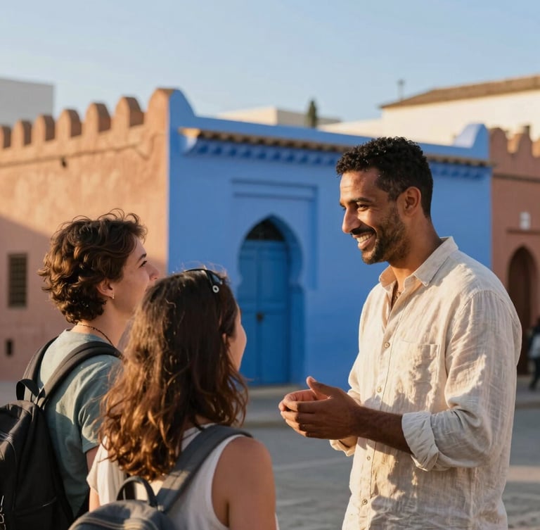 A friendly local Moroccan guide in a light linen shirt conversing warmly with a couple of travelers in the historic Kasbah of Tangier, soft golden hour sunlight, warm editorial photography.