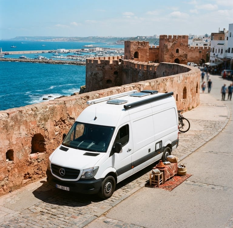A clean private Mercedes van parked near the historic Tangier coastal wall, bright Mediterranean daylight, rich blue and terracotta tones, warm editorial travel photography