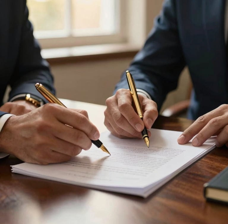 A close-up of hands signing legal documents on a dark oak desk, soft golden hour light filtering through a window, elegant gold fountain pen, warm editorial feel