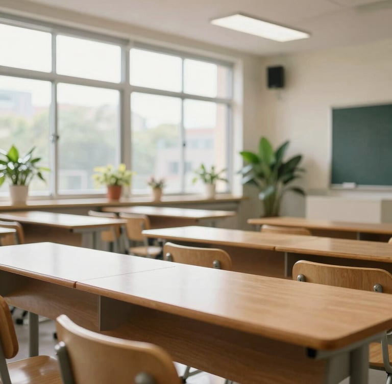 Bright modern classroom with natural light streaming through large windows, clean wooden desks, and green plants in the background.