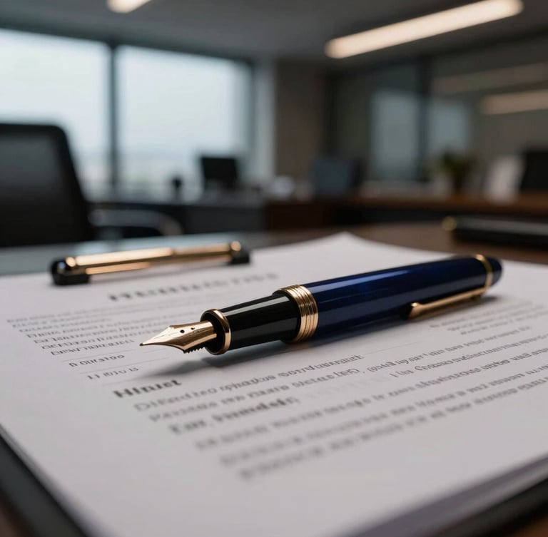 Close-up of a high-end fountain pen resting on a complex real estate contract, modern office background with dramatic low-key window light, deep navy and bronze tones, shallow depth of field.