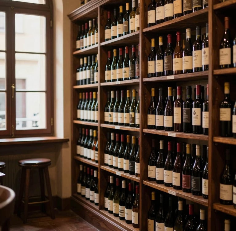 Interno caldo di un'enoteca toscana con scaffali in legno scuro carichi di bottiglie di vino, botti di rovere in penombra, luce soffusa e accogliente