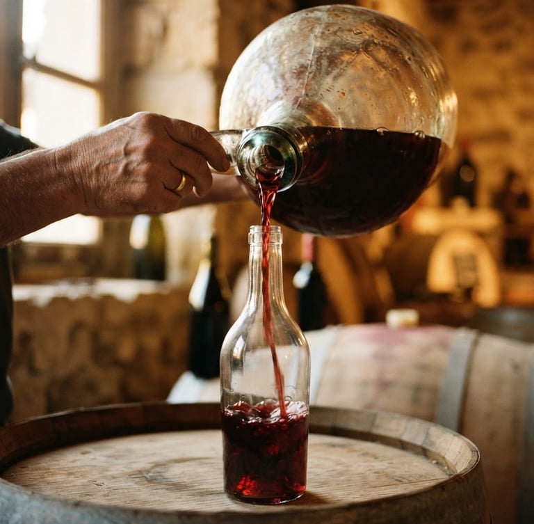 Close-up of rich red wine being poured from a traditional glass demijohn into a clear bottle, warm ambient lighting, soft shadows, 35mm photography