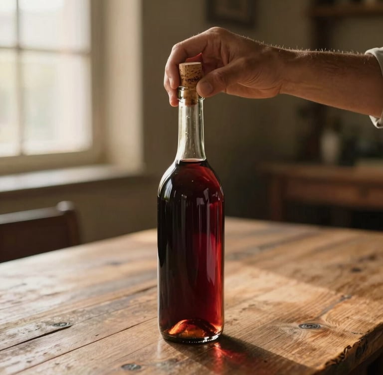 Hands of a winemaker carefully corking a glass bottle filled with red wine, rustic wooden table, soft golden light, warm vintage atmosphere, 35mm photography