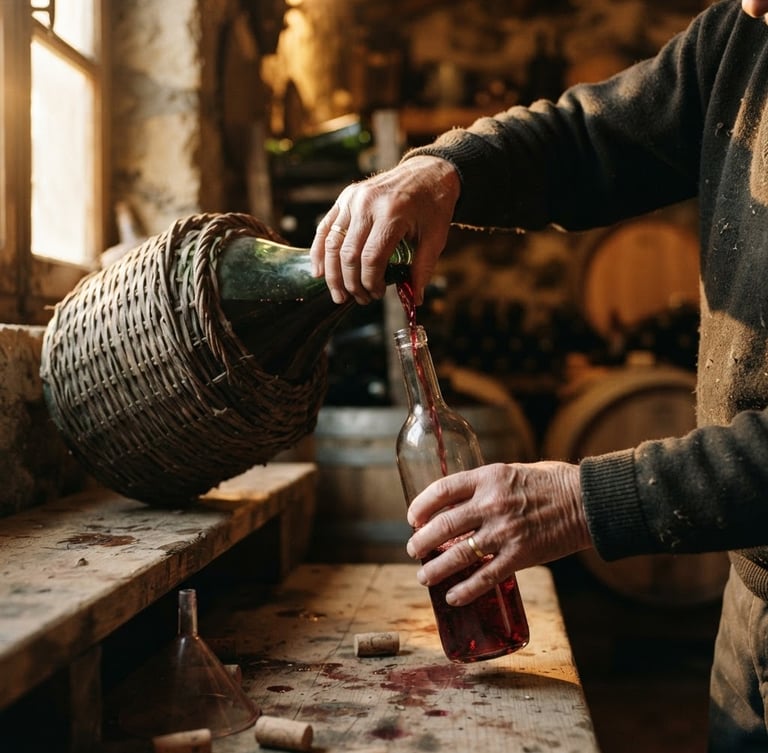 Primo piano di mani anziane che versano vino rosso da una damigiana in una bottiglia di vetro trasparente, luce dorata della finestra, atmosfera intima e calda di cantina