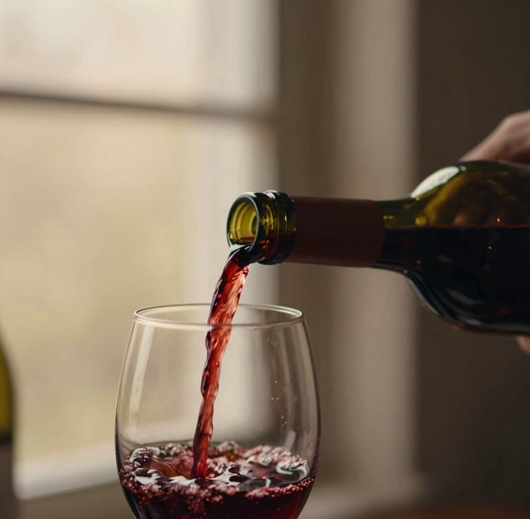Close-up of rich red wine being poured from a traditional glass demijohn into a clear bottle, soft low-key ambient lighting highlighting the deep bordeaux tones, 35mm photography