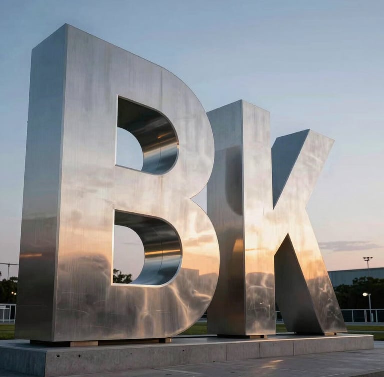 Straight-on elevation of a massive illuminated stainless steel outdoor sign at dusk, perfect diffusion without hot spots, crisp architectural lines.