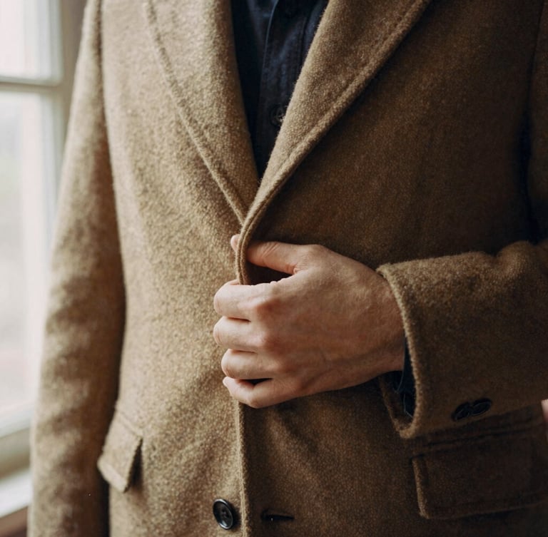 Close-up of a vintage wool coat texture, with a hand gently feeling the fabric, warm natural window light, muted nostalgic tones, 35mm film aesthetic.