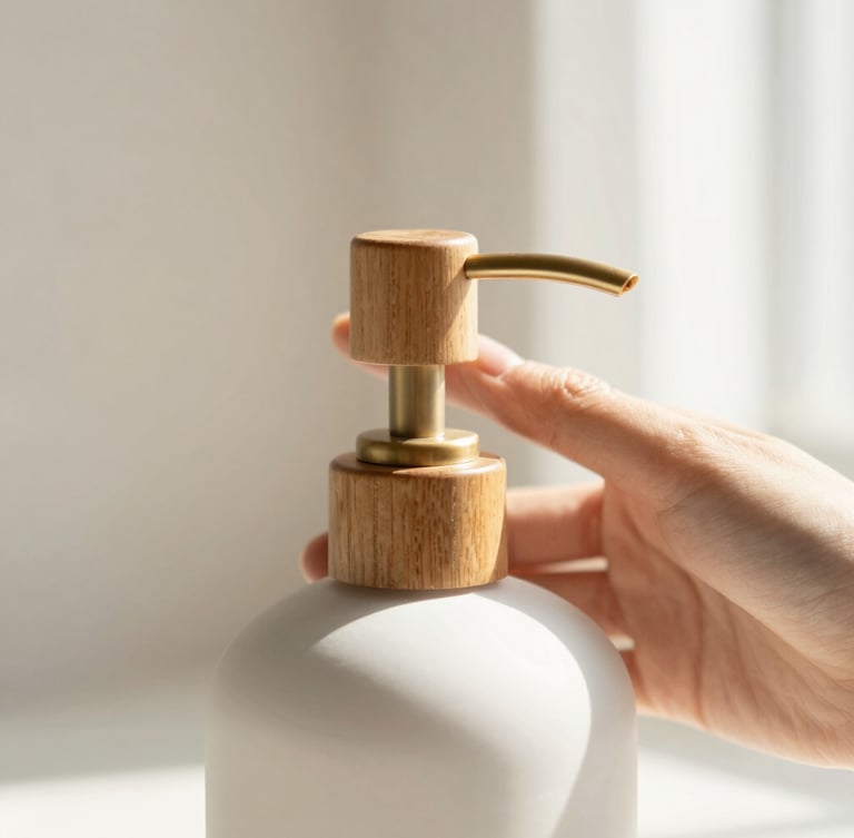 Close-up shot of a hand pressing a matte ceramic soap pump, soft morning light casting gentle shadows, warm wood and brass details