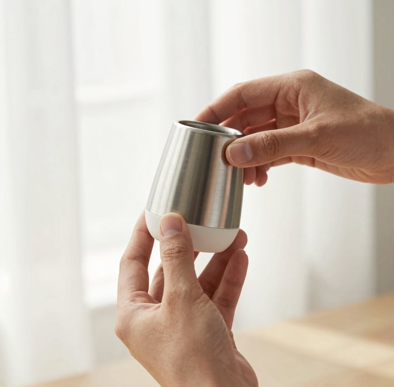 Close-up of hands testing a new kitchenware prototype, brushed steel and matte ceramic, soft morning window light, architectural crop, shallow depth of field, clean white and amber tones.