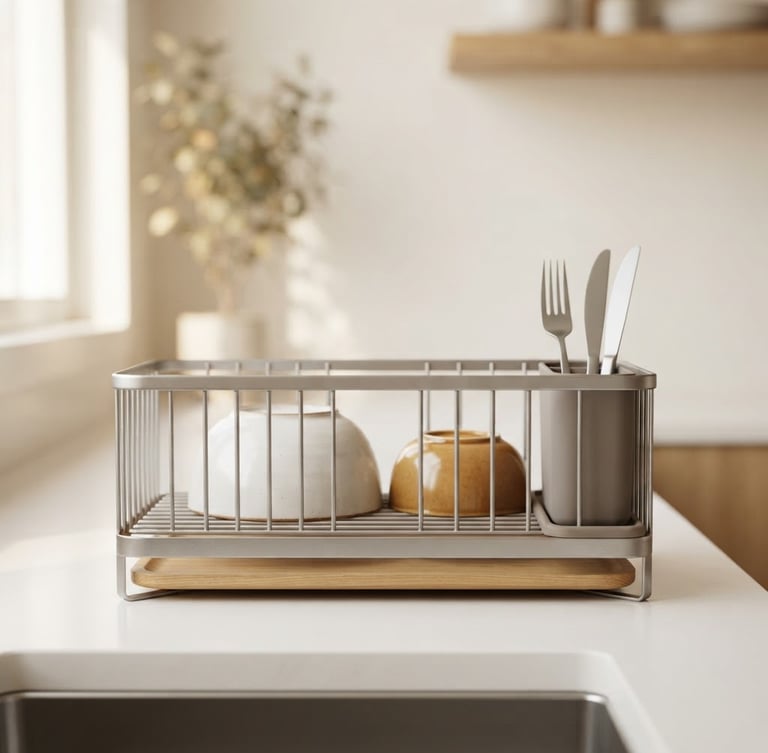 Straight-on architectural crop of a minimalist steel and silicone dish rack on a clean white counter, soft morning window light, warm oak accents, shallow depth of field