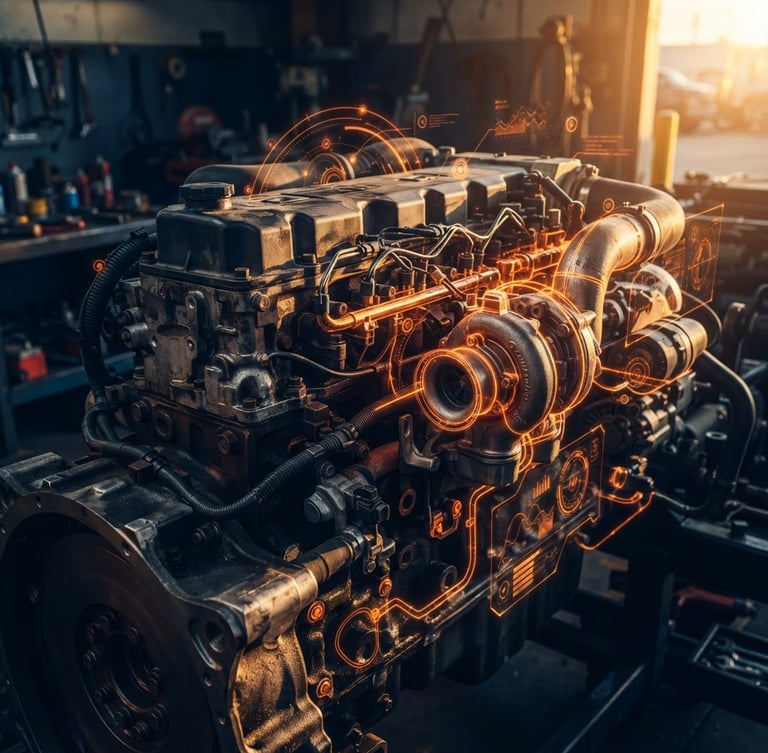 Close-up of a modern truck engine block with digital orange telemetry lines overlay, sharp focus, industrial tech photography, dramatic golden-hour lighting