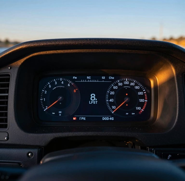 Close up of a heavy duty truck dashboard showing digital diagnostic telemetry during golden hour, high contrast, industrial tech