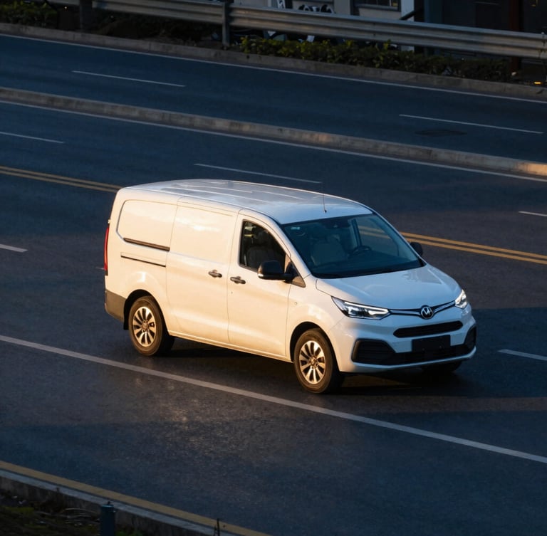 A modern white passenger car and a shuttle van driving on a clean city road during golden hour, long shadows, professional telephoto shot, sharp focus, 35mm