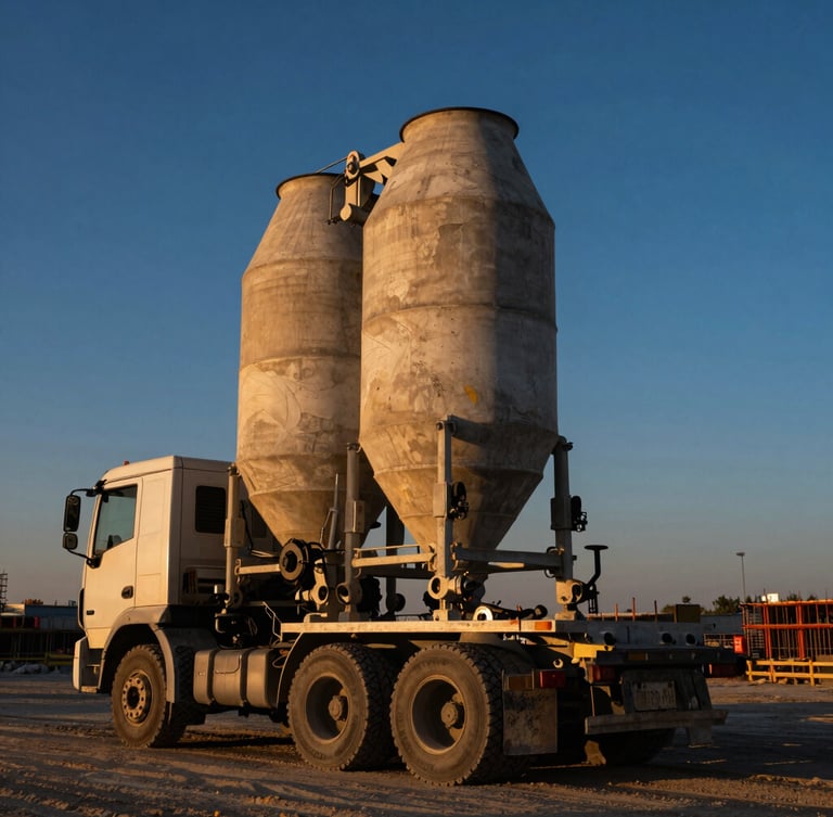 A heavy industrial concrete mixer and semi-truck parked at a dusty construction site during a dramatic golden hour sunset, high contrast, sharp focus, 35mm