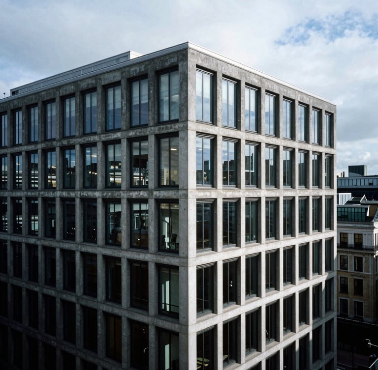 High-angle architectural shot of a modern concrete London office building under cold overcast daylight, sharp shadows, stark 35mm photography