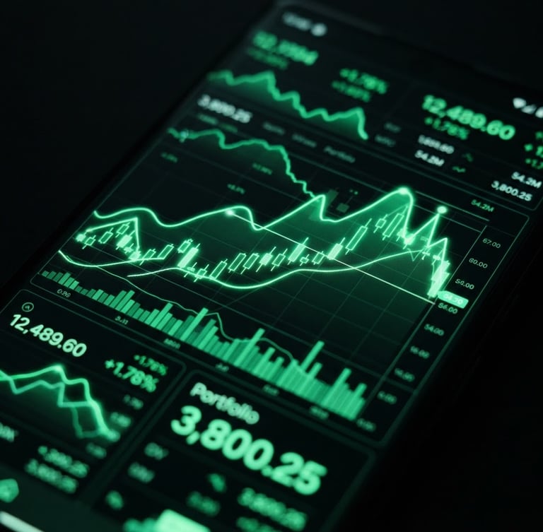 Macro close-up of a high-fidelity Android device screen displaying a dark mode financial dashboard with vibrant neon green charts, low-key studio lighting, 35mm