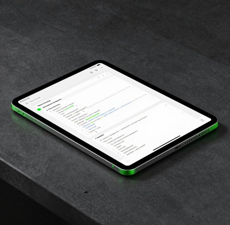 A sleek modern Android tablet lying on a dark concrete desk, showing clean Material Design code structures and responsive UI panels, neon green edge highlights, sharp focus