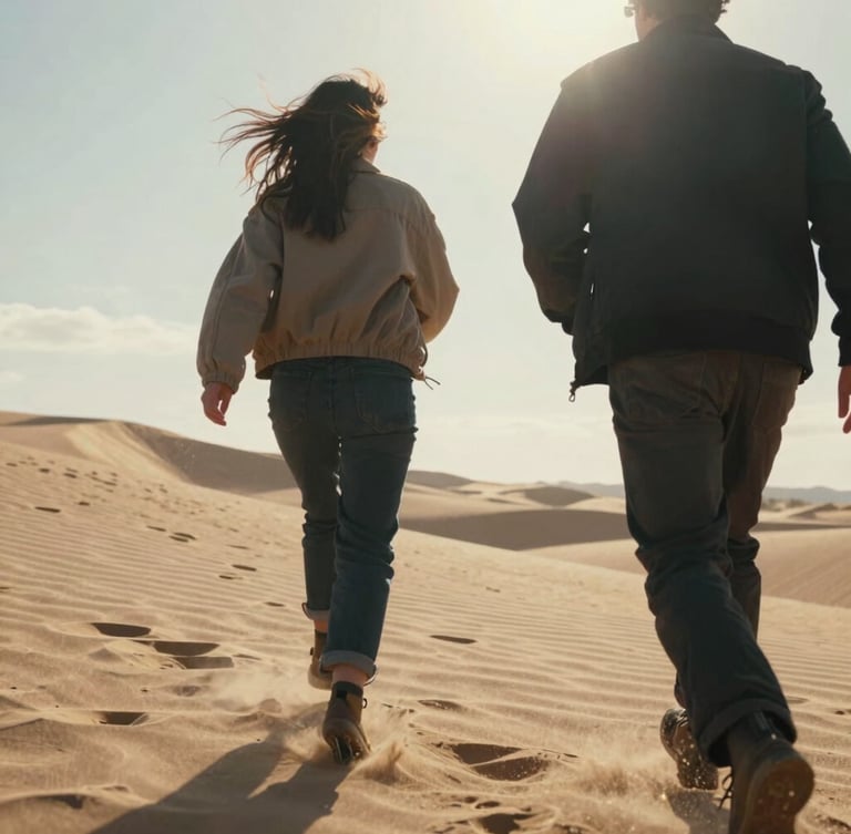 Close-up of a couple running through dunes, wind-blown hair, warm sun flare, cinematic look, shot on film