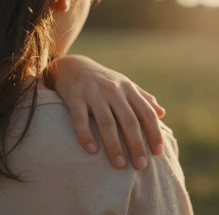 Cinematic close-up of a child's hand resting gently on a mother's shoulder, warm golden hour sunlight filtering through, soft focus, high contrast