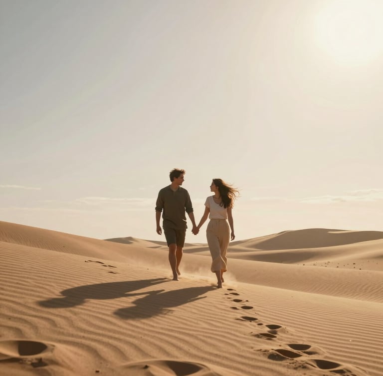 Cinematic wide shot of a couple walking hand-in-hand along a windy sand dune at golden hour, soft lens flare, warm backlighting, hair in motion.