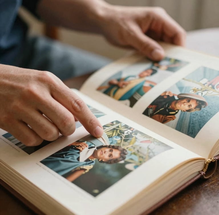 A close-up of hands turning the pages of an archival photo album, warm natural light, shallow depth of field, documentary style