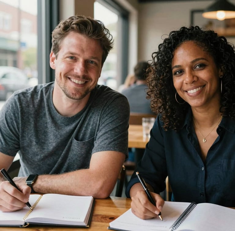 Medium-close-up portrait of two journalists, a man and a woman of diverse heritage, sitting at a wooden table with notebooks in a sunlit Des Moines cafe, warm natural light, authentic smiles