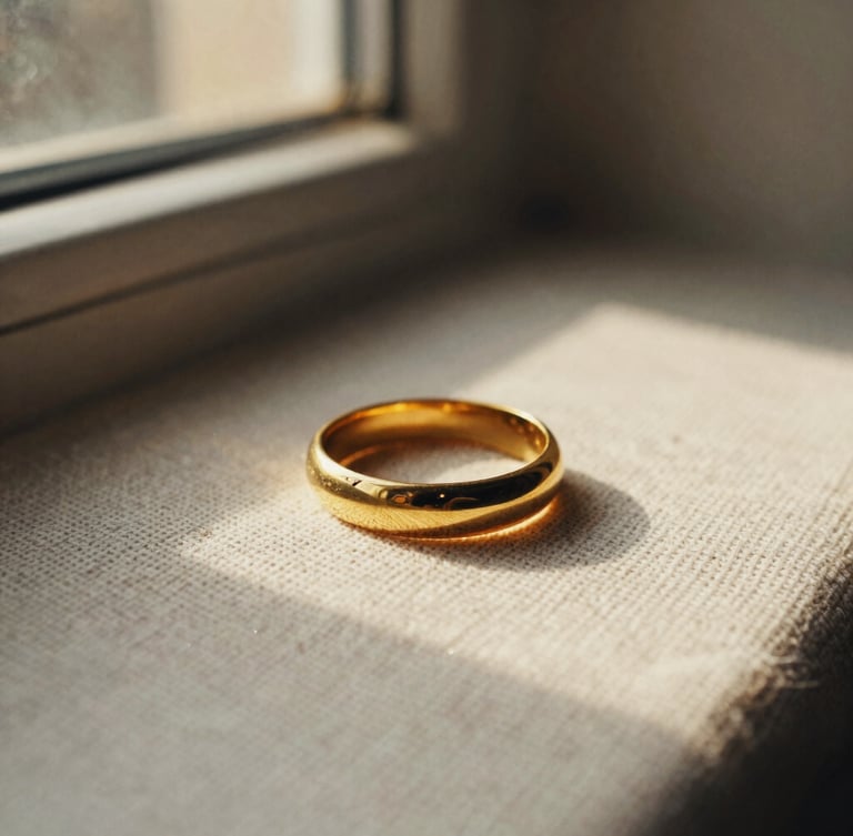 Macro shot of a vintage gold ring catching soft golden-hour window light on a textured linen surface, shallow depth of field, warm 35mm film style.