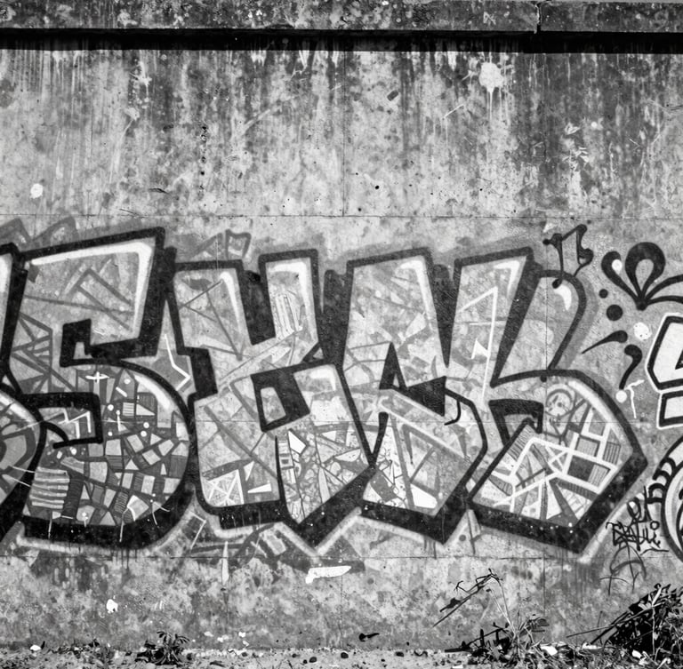 Gritty black and white portrait of a concrete spillway covered in abstract geometric graffiti, harsh midday sun, deep shadows, raw architectural texture.