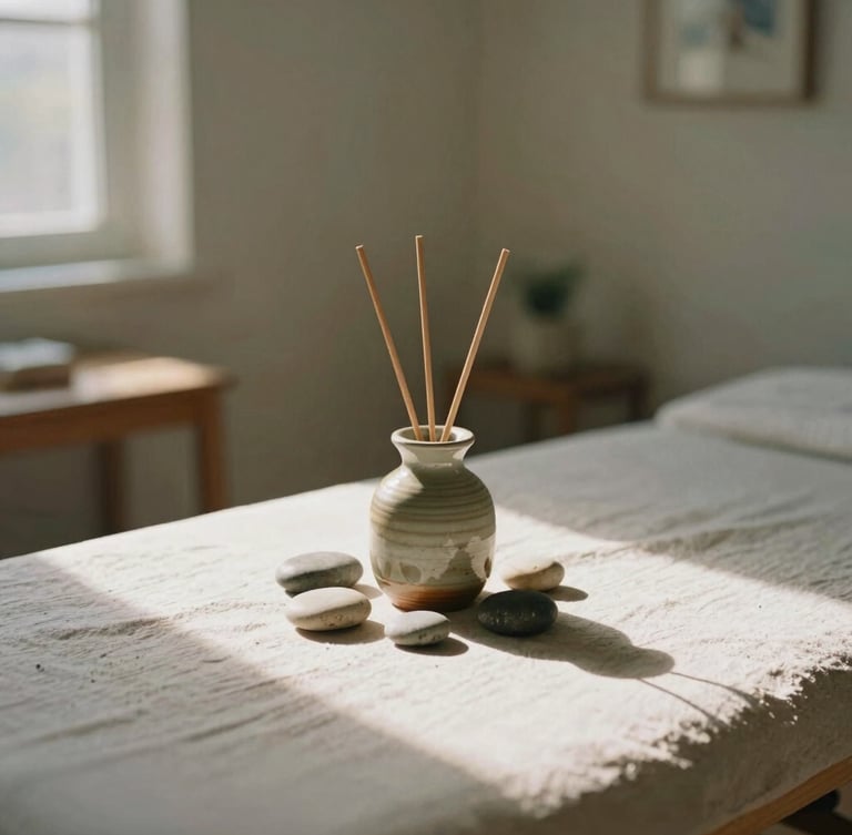 Portrait shot of a quiet, sunlit corner of a treatment room, soft diffused morning light, warm organic shadows, a small arrangement of smooth river stones and a ceramic oil diffuser on a wooden table, textured linen visible, muted earth tones, shallow depth of field.