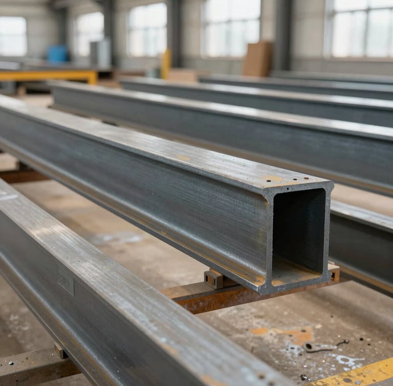 A close-up of structural steel beams being fabricated inside a bright, clean industrial workshop, natural daylight filtering through.