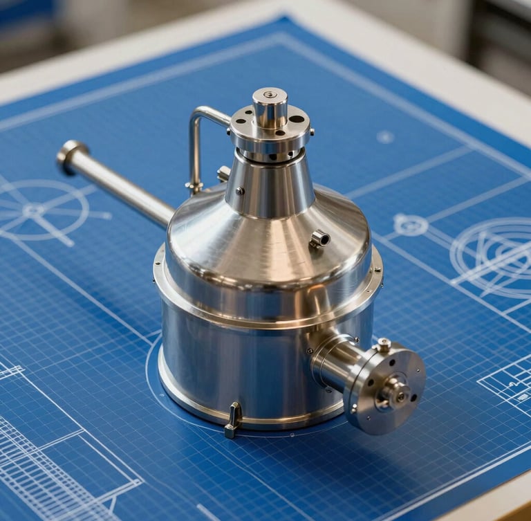 Precise technical blueprint schematic of a modern flour mill layout, clean lines on a cool steel blue grid background, sharp industrial focus.