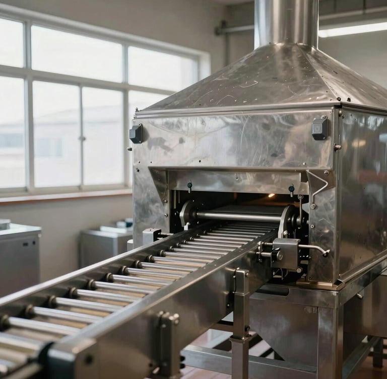 Crisp industrial photography of a massive, automated stainless steel bakery conveyor line under bright factory window lighting.