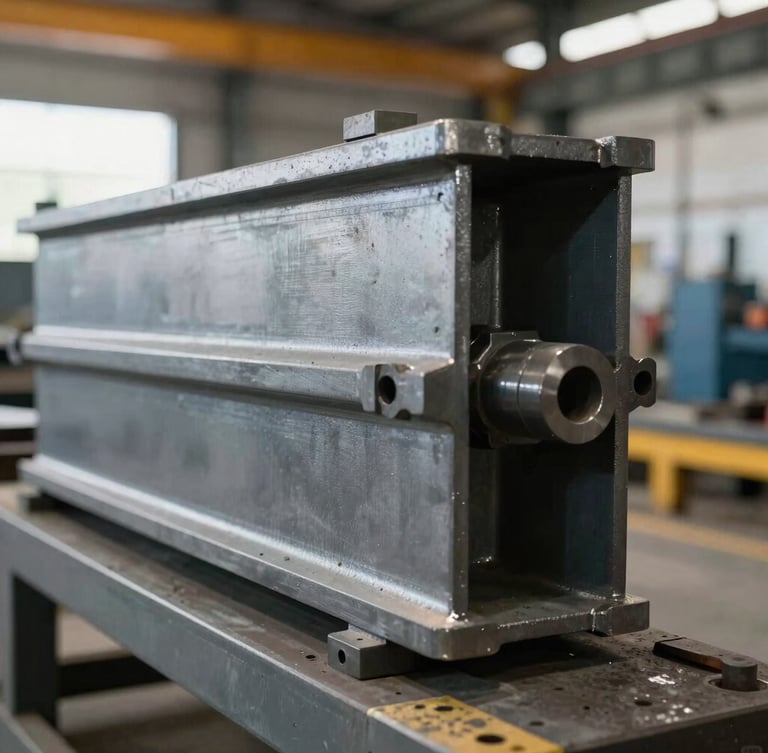 Close-up crisp industrial photography of structural steel fabrication and precision machinery parts, bright factory workshop lighting, sharp focus.