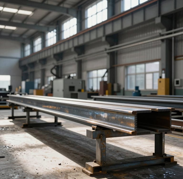 High-contrast industrial workshop layout, heavy steel beams being fabricated under bright natural factory light, cool steel tones.
