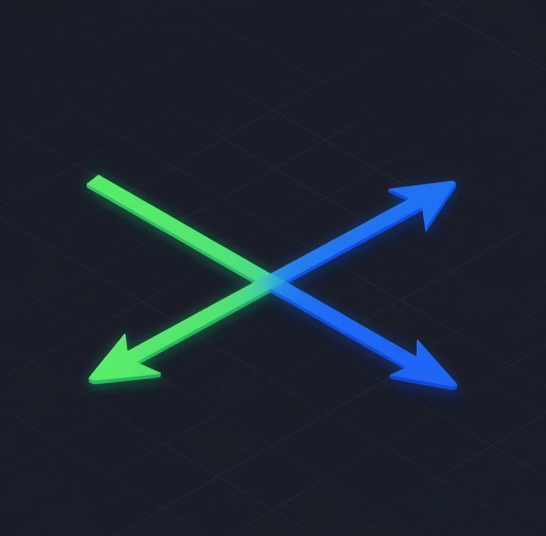 Isometric vector diagram of trade entry and exit vectors, neon green and blue lines on a dark grid background, dark mode fintech aesthetic