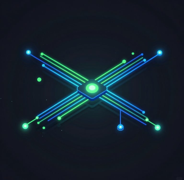 Isometric vector diagram of glowing data streams and interconnected nodes, dark mode interface, electric green and neon blue highlights on deep charcoal backdrop.