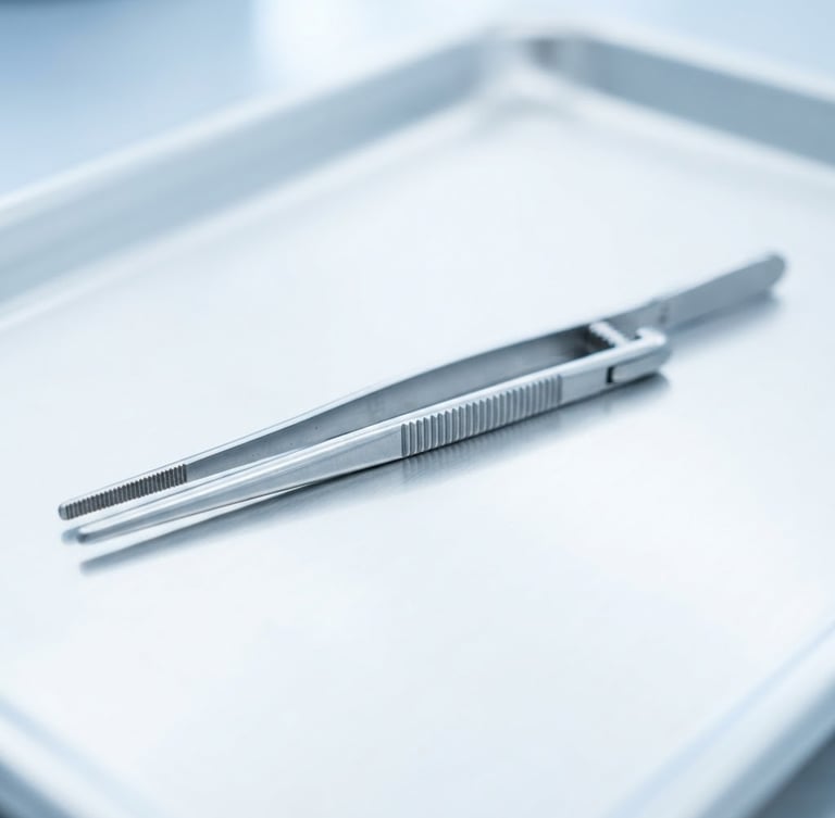 Sharp macro product shot of sterile surgical instruments, bright high-key product photography, sterile clinical studio lighting, cool white and blue tones, sharp macro focus on steel forceps