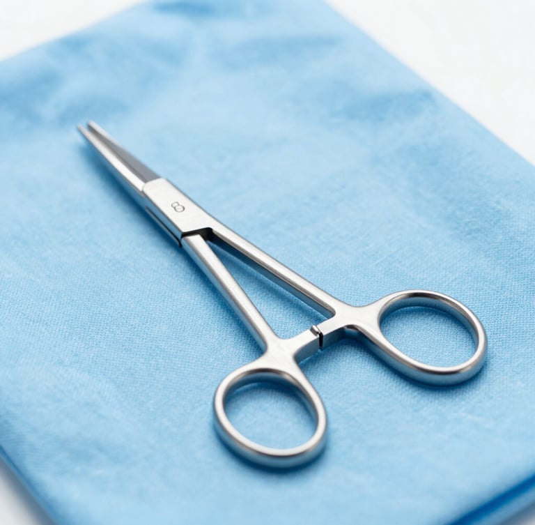 Sharp macro shot of sterile-packed surgical steel forceps on a clean blue surgical drape, high-key clinical studio lighting, bright cool tones.